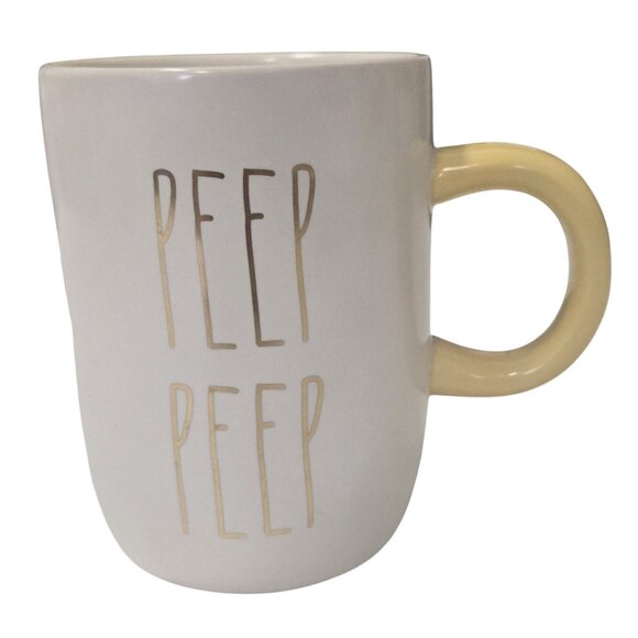 Rae Dunn "PEEP PEEP" Creme Mug Yellow Handle Gold Lettering - Picture 1 of 4